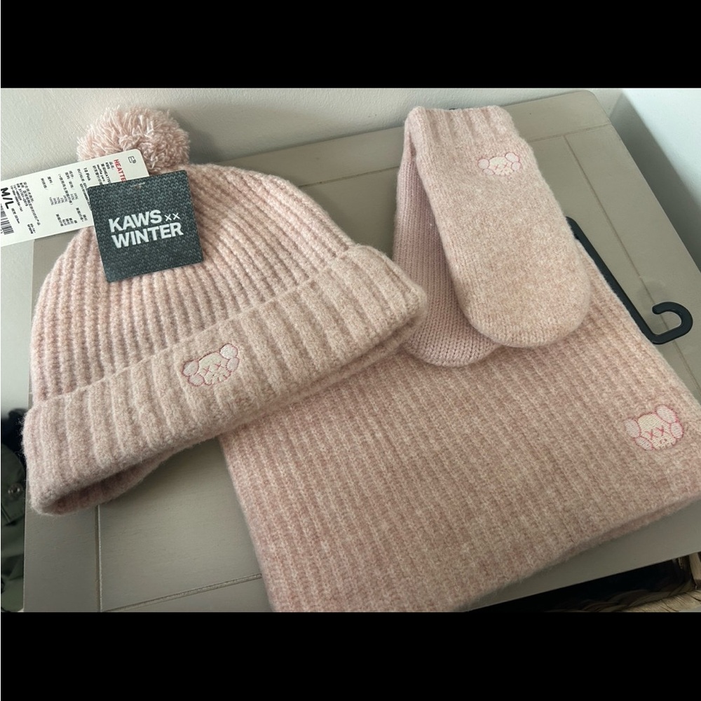 KAWS Pink Kids Hat, Scarf, and Mittens Set